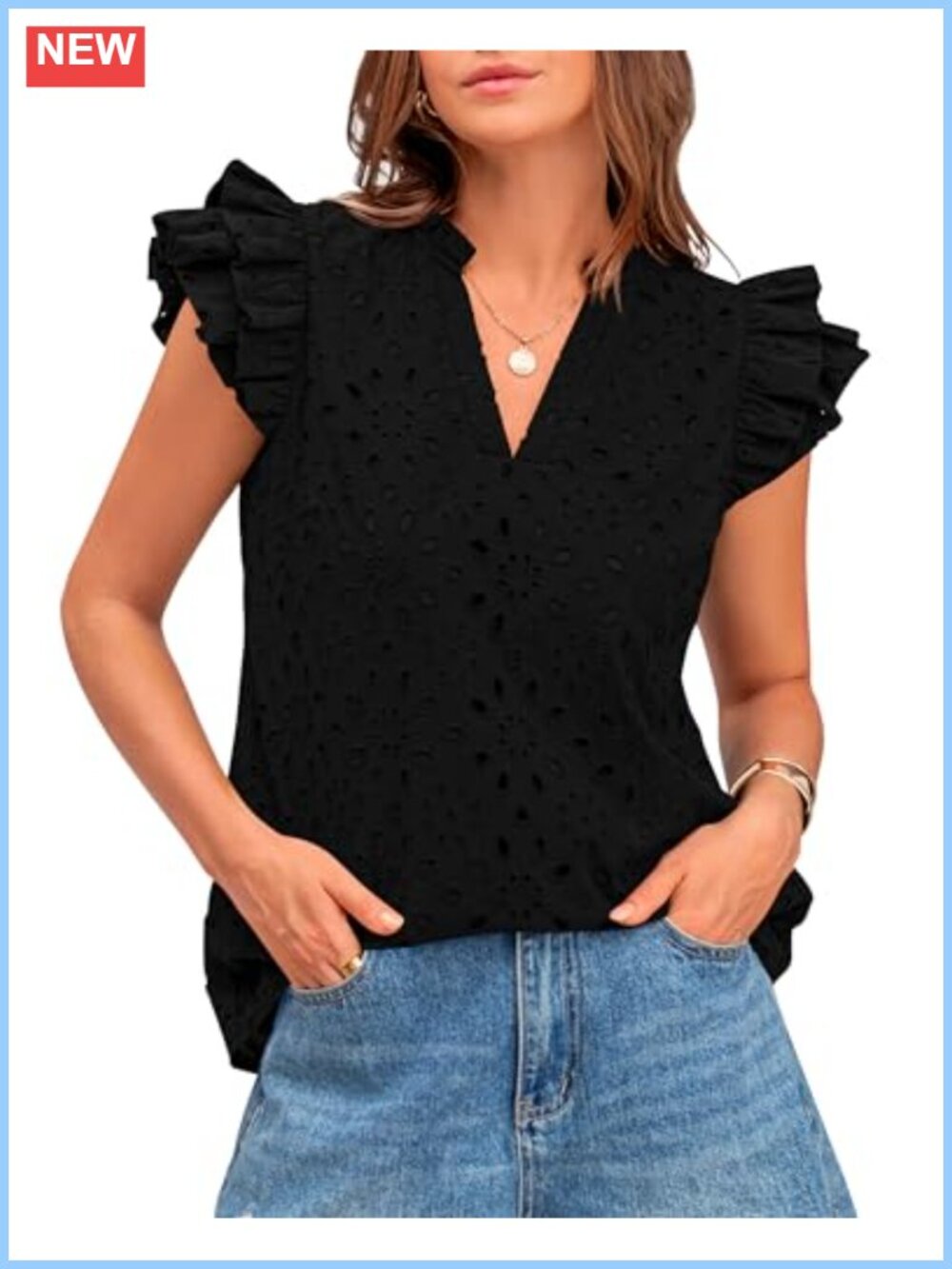 Eyelet Embroidered Blouse Ruffle Cap Sleeve V Neck Dressy Casual